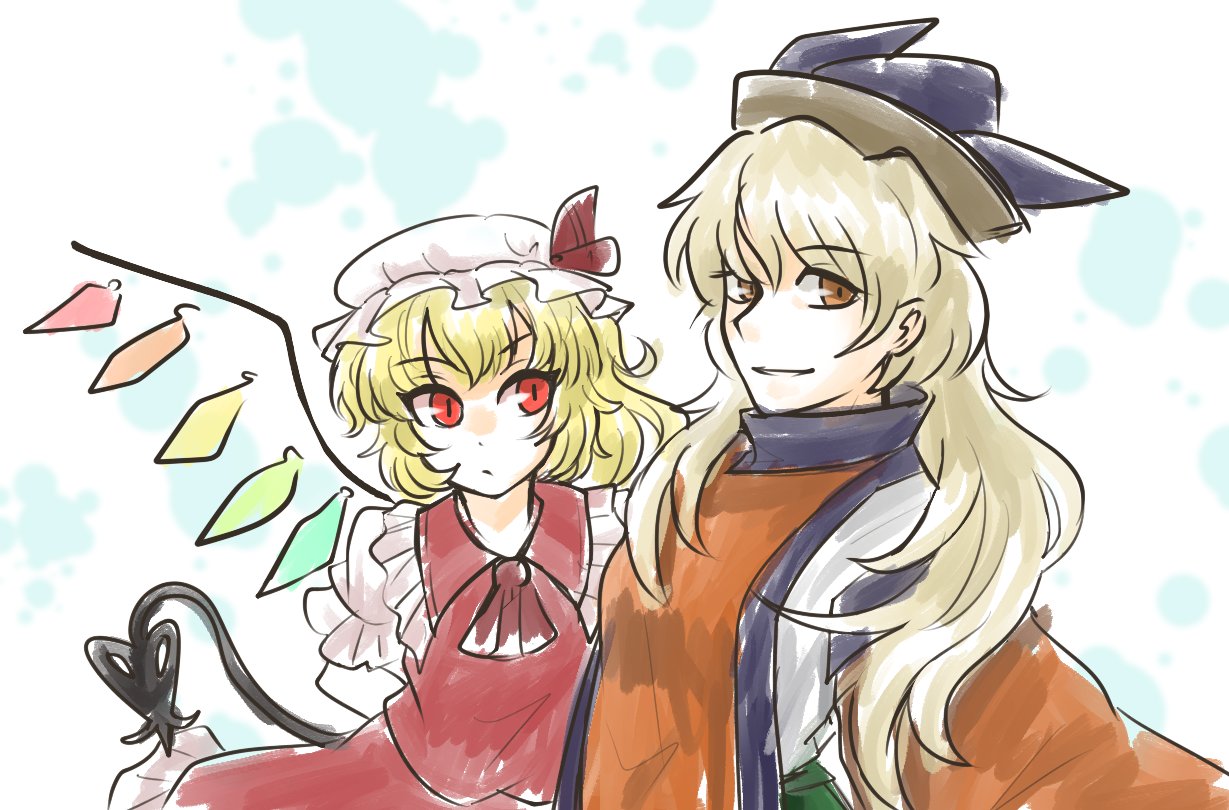 2girls, ascot, blonde_hair, bow, collared_vest, eyebrows_visible_through_hair, flandre_scarlet, frills