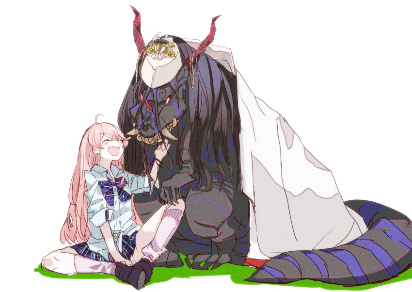 2girls, ahoge, bangs, beads, black_hair, blue_skirt, blush, body_markings, bow, bowtie, claws, closed_eyes, collared_shirt, dinosaur, dress_shirt, fangs, fate/grand_order, fate/requiem, fate_(series), hair_ornament, hat, highres, horns, japanese_clothes, karin_(fate), kijo_kouyou_(fate), kimono, kimono_on_shoulders, kneehighs, long_hair, long_sleeves, multiple_girls, noha_kome, open_mouth, pink_hair, pink_legwear, plaid, plaid_skirt, shirt, sitting, skirt, smile, tail, tyrannosaurus_rex, white_eyes, white_headwear, white_kimono, white_shirt