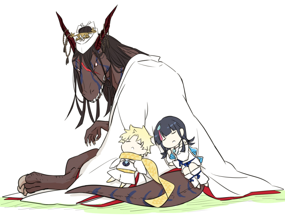 1boy, 2girls, baggy_clothes, bangs, beads, black_hair, blonde_hair, blue_ribbon