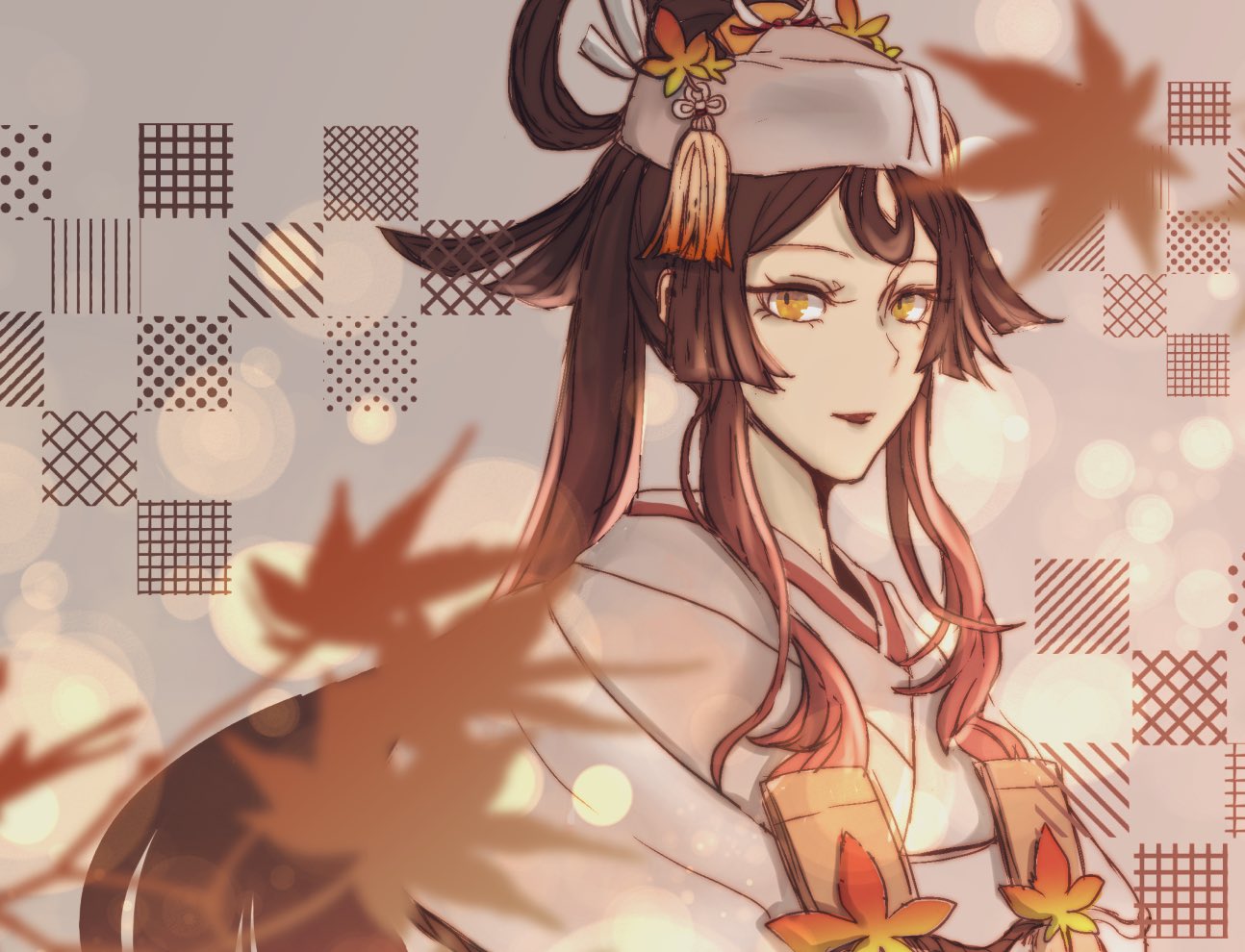 1girl, breasts, brown_hair, checkered_background, fate/grand_order, fate/requiem, fate_(series), hat, japanese_clothes, kijo_kouyou_(fate), kimono, large_breasts, leaf, long_hair, long_sleeves, looking_at_viewer, maple_leaf, nakariko, solo, tassel, white_headwear, white_kimono, yellow_eyes