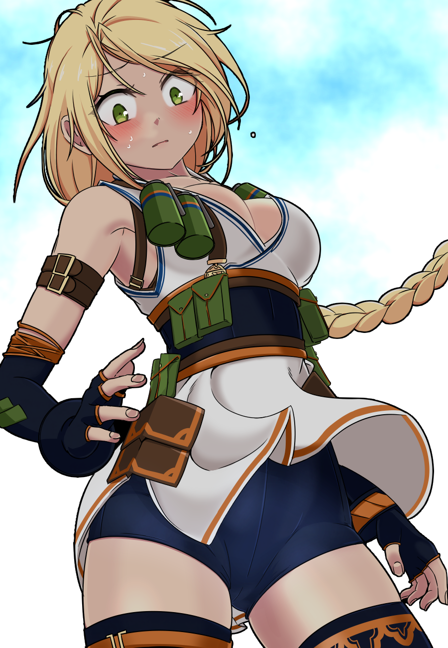 1girl, arm_belt, blonde_hair, blue_shorts, blush, braid, braided_ponytail, dungeon_and_fighter