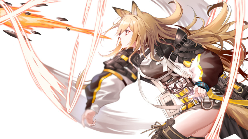 1girl, animal_ears, arknights, belt, boots, ceobe_(arknights), cowboy_shot, dog_ears