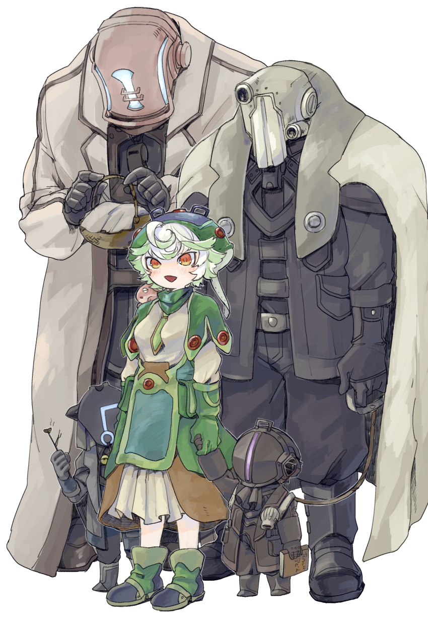 1girl, 4boys, akamtvahosi, animal, animal_on_shoulder, arms_at_sides, basket, belt