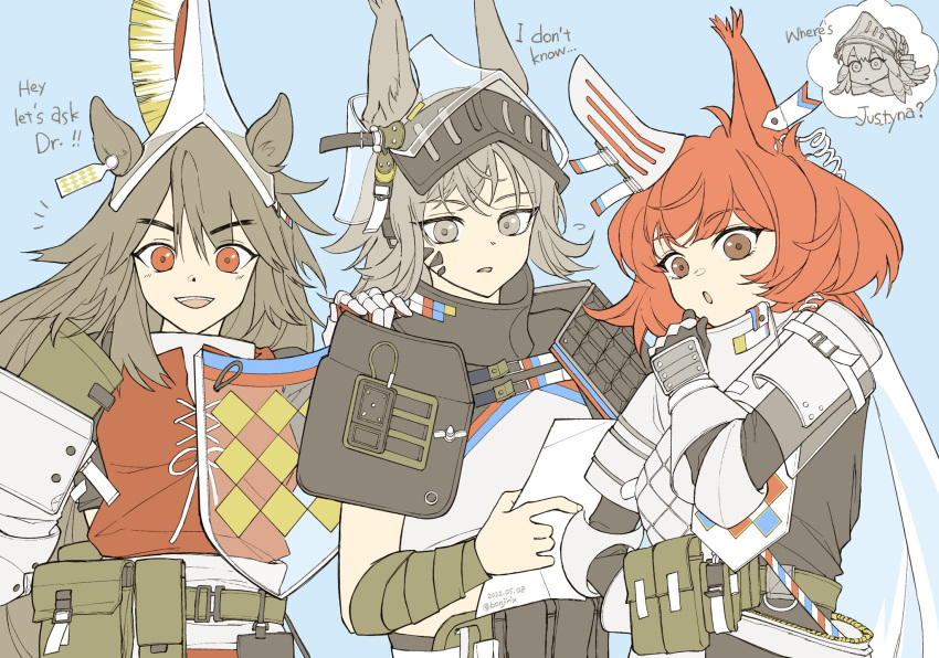 3girls, :o, animal_ears, arknights, arm_wrap, armor, ashlock_(arknights), belt_pouch