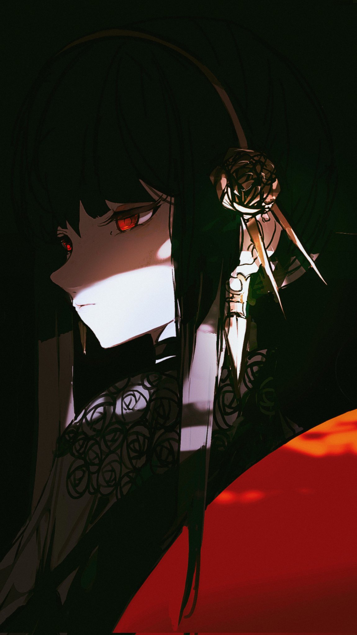 1girl, black_background, black_choker, black_hair, brown_hairband, choker, closed_mouth, dark
