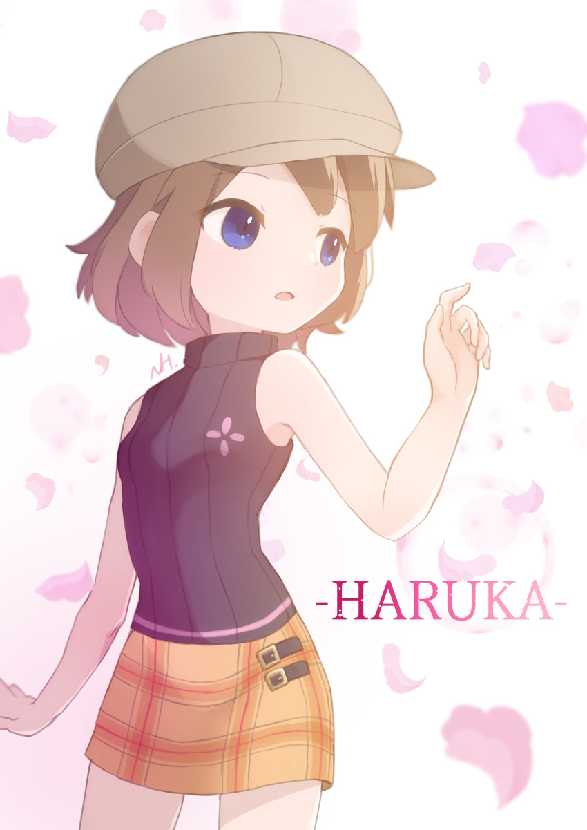 1girl, absurdres, blue_eyes, breasts, brown_hair, character_name, falling_petals, haruka_(saru_getchu)