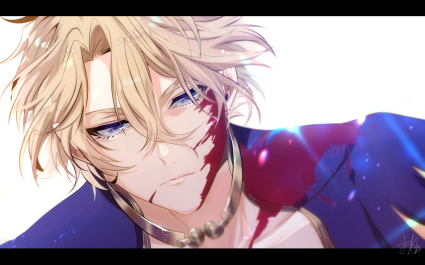 1boy, blonde_hair, blood, blood_on_clothes, blood_on_face, blue_eyes, highres, male_focus