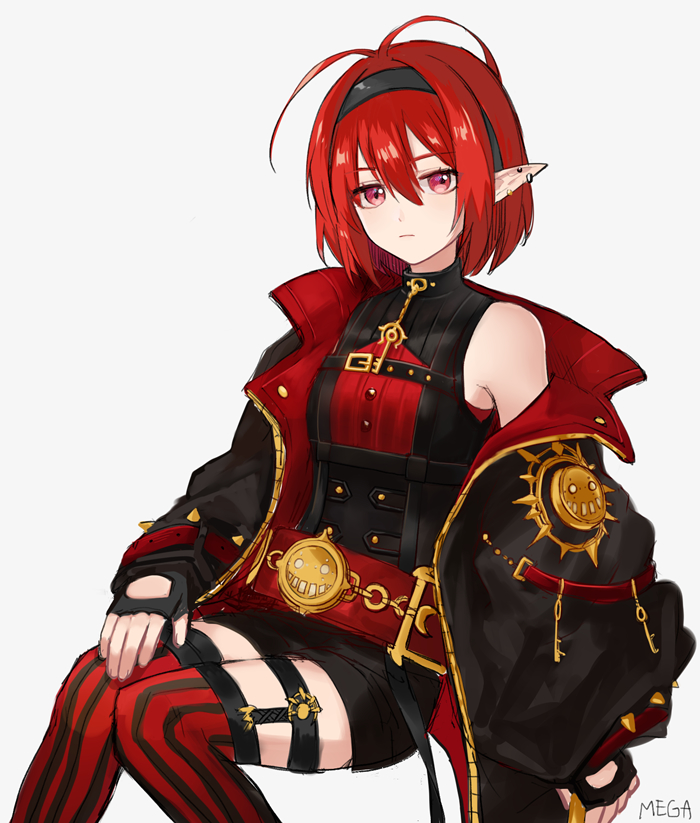 1girl, ahoge, black_dress, dress, ear_piercing, female_mage_(dungeon_and_fighter), fingerless_gloves, fluocae, gloves, hand_on_own_leg, headband, jacket, long_sleeves, mage_(dungeon_and_fighter), open_clothes, open_jacket, piercing, puffy_long_sleeves, puffy_sleeves, redhead, short_hair, sitting, solo, summoner_(dungeon_and_fighter), thigh-highs, upper_body