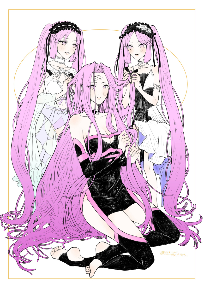 3girls, absurdres, bangs, black_dress, dress, euryale_(fate), facial_mark, fate/grand_order, fate_(series), forehead, forehead_mark, highres, medusa_(rider)_(third_ascension)_(fate), multiple_girls, parted_bangs, pink_eyes, pink_hair, siblings, simple_background, sisters, snrns, stheno_(fate), toeless_legwear, white_dress