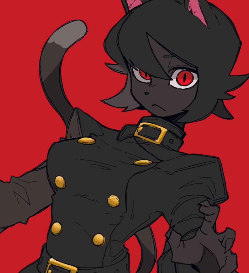 1girl, animal_ears, black_fur, black_hair, bone_nigi, borrowed_character, breasts, cat_ears, cat_girl, cat_tail, closed_mouth, collar, furry, highres, long_sleeves, looking_at_viewer, medium_breasts, original, red_background, red_eyes, simple_background, slit_pupils, solo, tail, upper_body