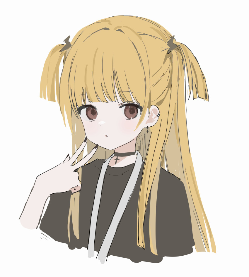 1girl, 33bun3, black_choker, black_nails, blonde_hair, blush, bow, brown_bow