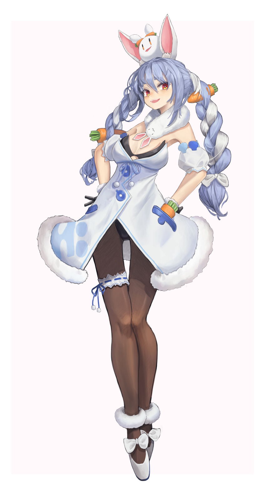 1girl, absurdres, animal_ear_fluff, animal_ears, animal_on_head, bare_shoulders, black_gloves, blue_hair