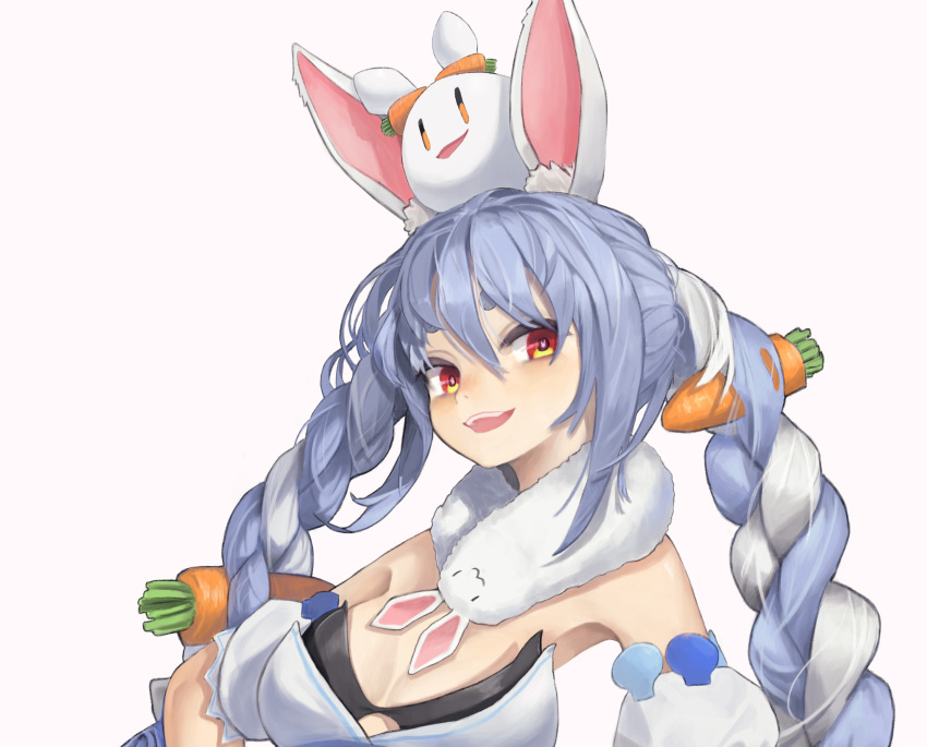 1girl, animal_ear_fluff, animal_ears, animal_on_head, bare_shoulders, blue_hair, carrot_hair_ornament, cropped