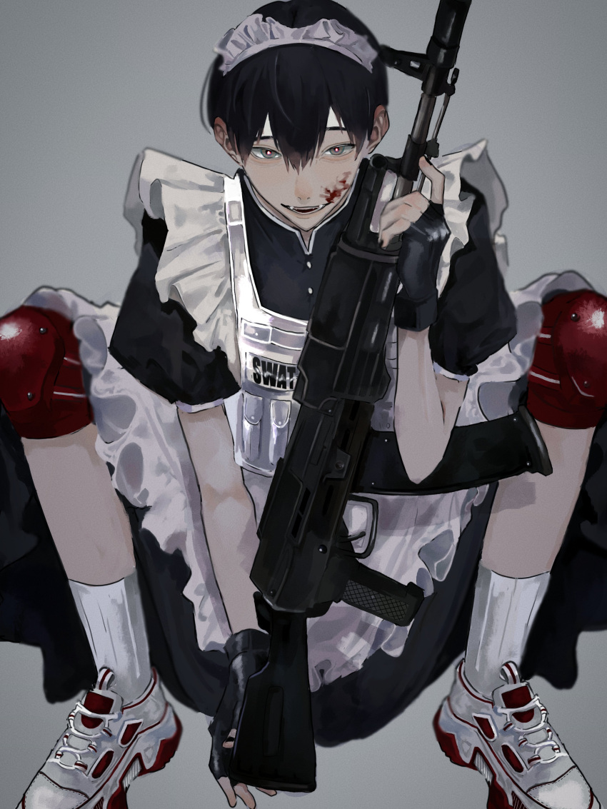 1boy, absurdres, apron, between_legs, black_dress, black_gloves, black_hair, blood