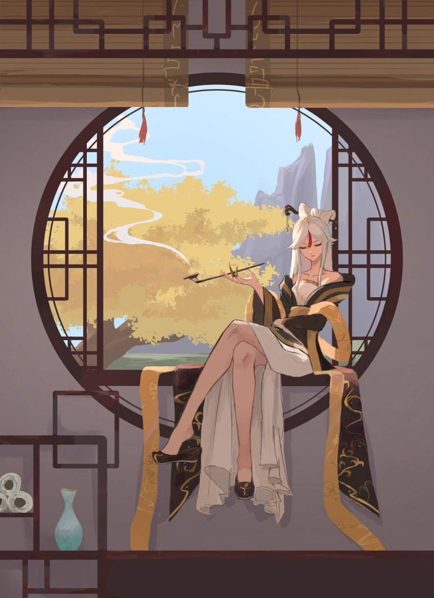 0sei6, 1girl, absurdres, bangs, bare_shoulders, china_dress, chinese_clothes, dress, genshin_impact, gloves, hair_ornament, hairpin, highres, long_hair, looking_at_viewer, ningguang_(genshin_impact), parted_bangs, red_eyes, sidelocks, smile, solo, very_long_hair, white_hair