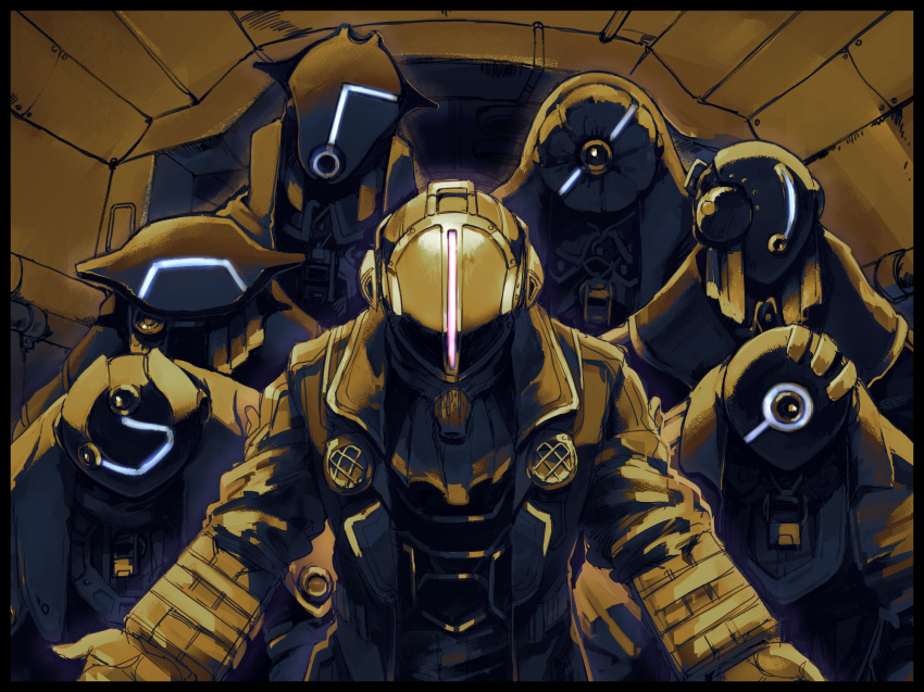 2boys, 5others, akamtvahosi, ambiguous_gender, black_border, black_coat, black_pants, bondrewd, border, brown_theme, coat, commentary_request, covered_face, facing_viewer, gueira_(made_in_abyss), helm, helmet, highres, indoors, made_in_abyss, multiple_boys, multiple_others, open_clothes, open_coat, outstretched_arms, overcoat, pants, standing, upper_body, whistle, whistle_around_neck
