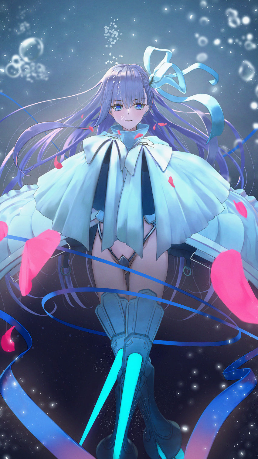 1girl, absurdres, aomaru_(shta-chu-jisuiai), bangs, blue_eyes, blush, breasts, fate/extra, fate/extra_ccc, fate/grand_order, fate_(series), hair_ribbon, highres, long_hair, looking_at_viewer, meltryllis_(fate), meltryllis_(third_ascension)_(fate), purple_hair, ribbon, small_breasts, very_long_hair