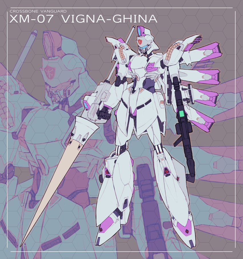 beam_rifle, character_name, dual_wielding, energy_gun, grey_background, gun, gundam, gundam_f91, highres, holding, holding_gun, holding_weapon, mecha, mobile_suit, no_humans, nori_(arara105), science_fiction, solo, vigna_ghina, visor, weapon, zoom_layer