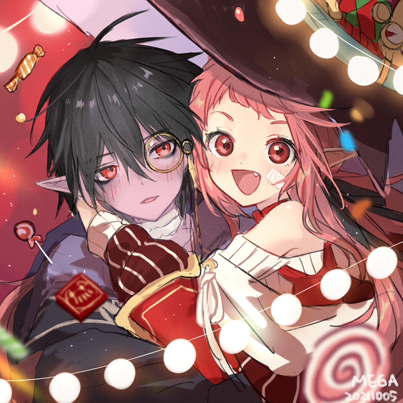 1boy, 1girl, blush, candy, colored_skin, dungeon_and_fighter, fang, female_mage_(dungeon_and_fighter)