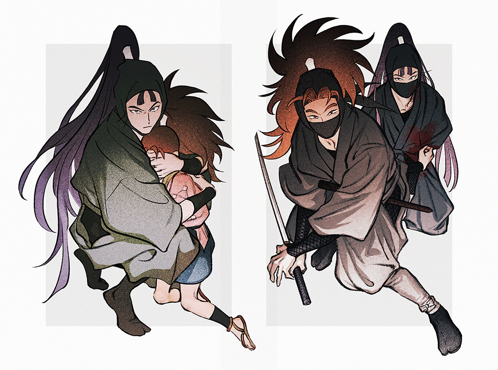 2boys, arm_guards, bangs, black_footwear, black_headwear, black_pants, blood, blood_on_clothes