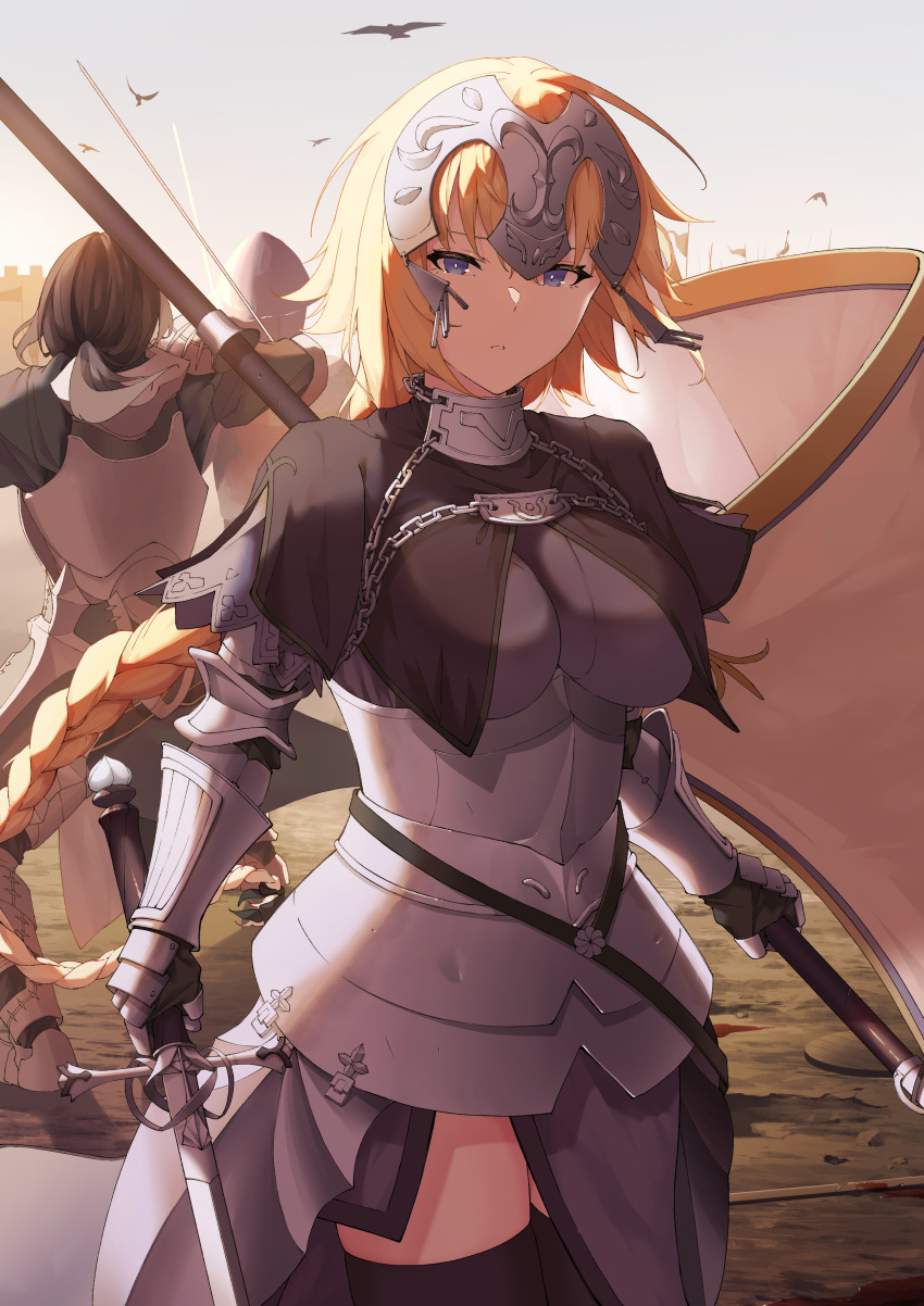 1girl, 2boys, absurdres, animal, armor, armored_dress, bird, black_hair, black_legwear, blonde_hair, blood, blue_eyes, braid, breasts, chain, commentary, fate/apocrypha, fate/grand_order, fate_(series), faulds, flag, fukuidesu0110, gauntlets, gilles_de_rais_(saber)_(fate), headpiece, highres, holding, holding_flag, holding_sword, holding_weapon, jeanne_d'arc_(fate), jeanne_d'arc_(ruler)_(fate), knight, large_breasts, long_hair, looking_at_viewer, multiple_boys, outdoors, plackart, ponytail, sky, standard_bearer, sword, thigh-highs, very_long_hair, weapon, white_flag