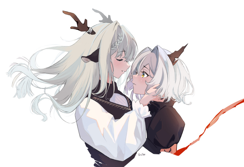 2girls, absurdres, alina_(arknights), animal_ears, antler_ornament, arknights, armband, artist_name