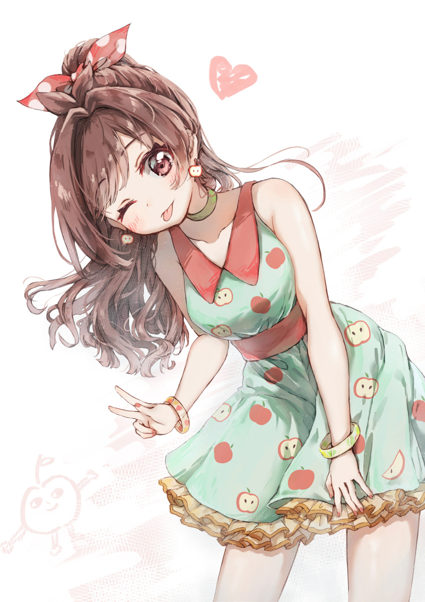 1girl, ;p, absurdres, antenna_hair, apple_earrings, apple_print, bangs, blunt_bangs