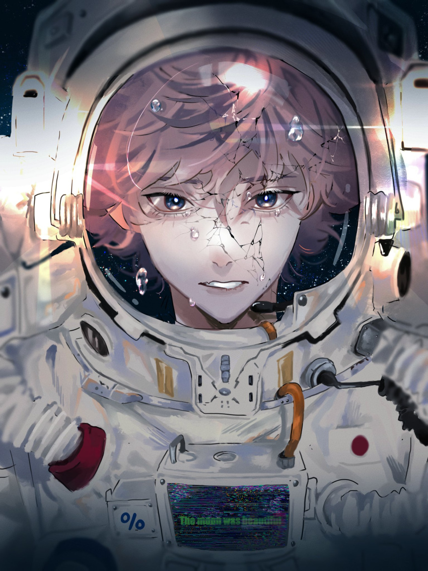 1boy, astronaut, blue_eyes, bubble, crack, cracked_glass, crying, crying_with_eyes_open, english_text, fang, glaring, helmet, highres, japanese_flag, looking_at_viewer, male_focus, microphone, original, pafujojo, pink_hair, portrait, radio, short_hair, skin_fang, solo, space, space_helmet, spacesuit, star_(sky), tears