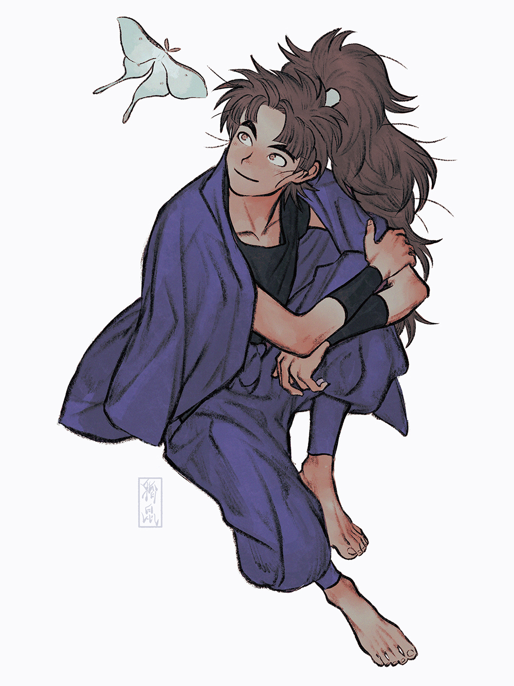 1boy, animal, arm_guards, bangs, barefoot, black_shirt, brown_hair, bug