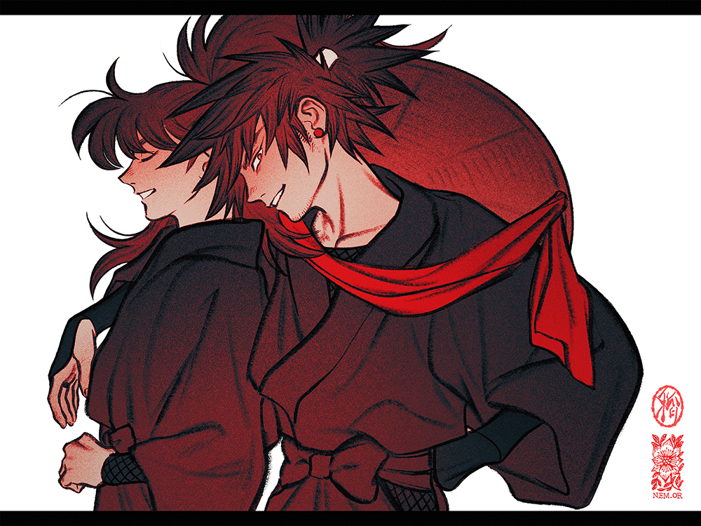 2boys, arm_guards, arm_on_shoulder, bangs, black_footwear, brown_hair, character_request, chin_strap