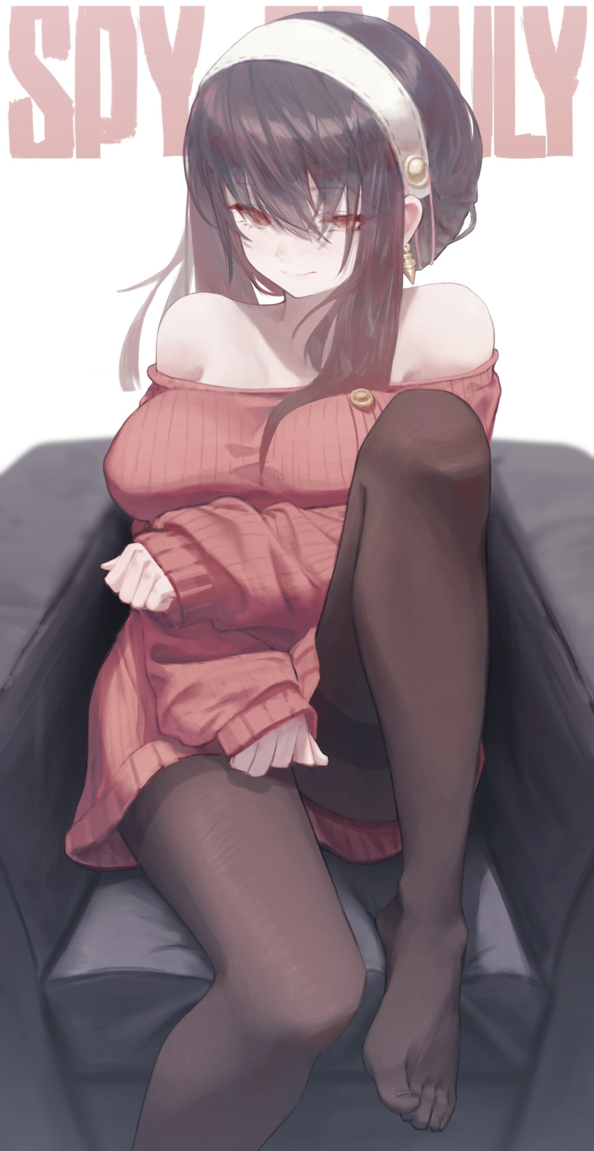 1girl, absurdres, bare_shoulders, blush, brown_hair, brown_legwear, closed_mouth, copyright_name, dress, earrings, eyebrows_visible_through_hair, eyelashes, eyes_visible_through_hair, hair_between_eyes, hairband, highres, hwoi_(hw_123), jewelry, long_eyelashes, long_hair, looking_at_viewer, no_shoes, off-shoulder_dress, off_shoulder, pantyhose, red_eyes, ribbed_sweater, sitting, sleeves_past_wrists, smile, solo, spy_x_family, sweater, sweater_dress, toes, white_hairband, yor_briar