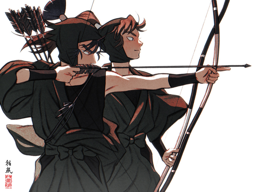 2boys, absurdres, aiming, arm_guards, arrow_(projectile), bangs, black_hair, bow_(weapon)