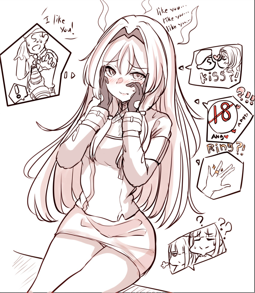 !, !?, ..., 1boy, 3girls, ?, absurdres, ak-12_(girls'_frontline), ak-15_(girls'_frontline), an-94_(girls'_frontline), blush, chibi, chibi_inset, closed_eyes, embarrassed, english_commentary, english_text, eyebrows_visible_through_hair, girls_frontline, gloves, hairband, hands_on_own_face, head_steam, heart, heart_print, highres, jewelry, long_hair, monochrome, multiple_girls, peroronti, ring, s-head_commander, simple_background, speech_bubble, sweat, tactical_clothes