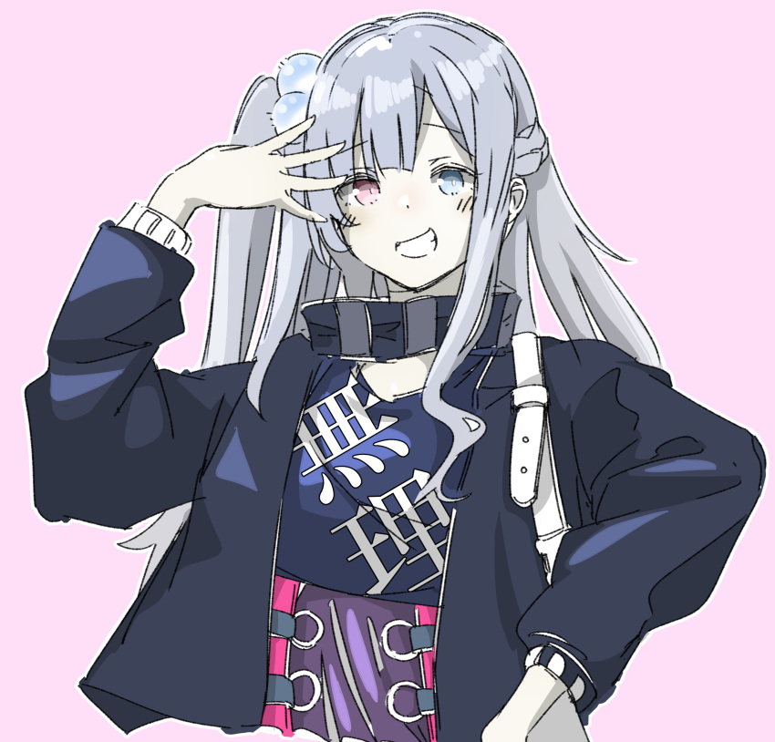 1girl, arm_up, bangs, blue_eyes, blue_jacket, blue_shirt, braid, cropped_torso
