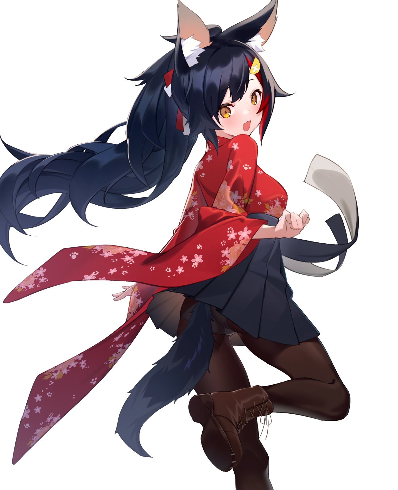 1girl, :d, animal_ear_fluff, animal_ears, bangs, black_hair, black_skirt, blush