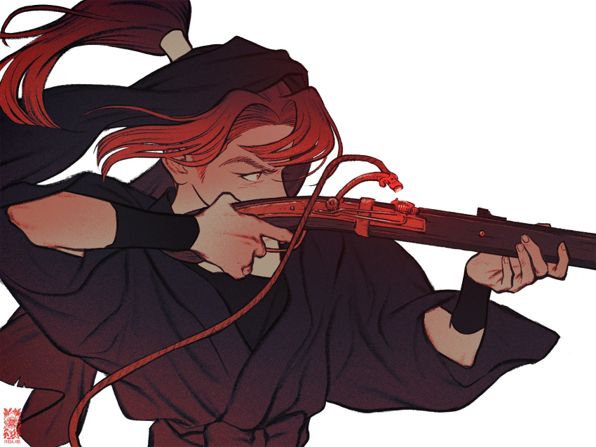 1boy, aiming, arm_guards, bangs, brown_hair, covered_mouth, finger_on_trigger, floating_hair