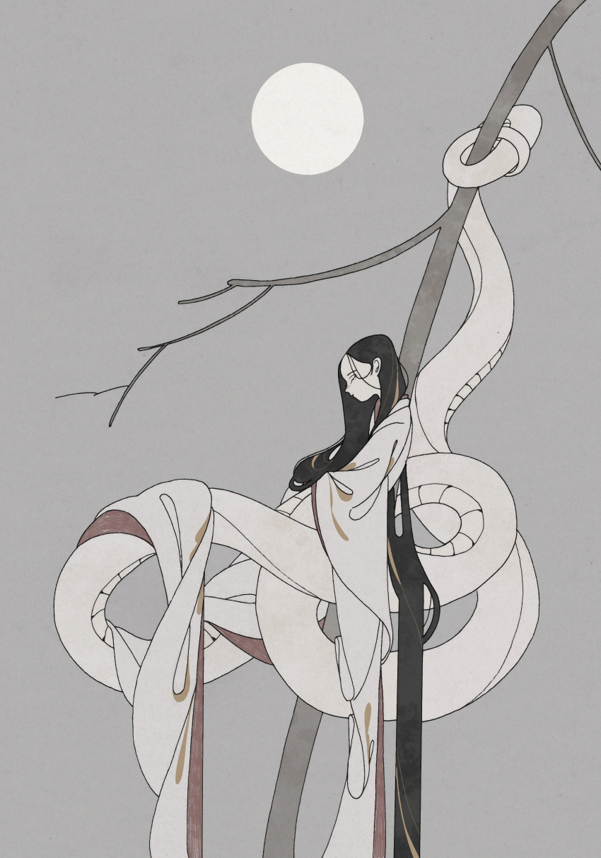 1girl, absurdly_long_hair, absurdres, blonde_hair, branch, closed_eyes, closed_mouth, crossed_arms, flat_color, from_side, full_moon, grey_background, grey_sky, hair_behind_ear, hair_strand, highres, holding, holding_with_tail, in_tree, japanese_clothes, kimono, lamia, long_hair, long_sleeves, monster_girl, moon, multicolored_hair, nature, night, original, prehensile_tail, profile, solo, straight_hair, streaked_hair, surie, tail, tree, very_long_hair, white_kimono