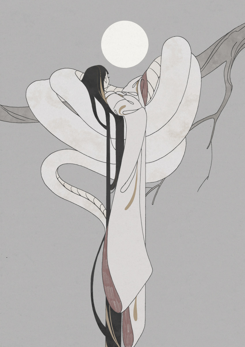 1girl, absurdly_long_hair, absurdres, blonde_hair, branch, eyelashes, flat_color, from_side, full_moon, furisode, grey_background, grey_sky, highres, in_tree, japanese_clothes, kimono, lamia, long_hair, long_sleeves, lying, monster_girl, moon, multicolored_hair, nature, night, on_back, original, solo, straight_hair, streaked_hair, surie, tree, very_long_hair, white_kimono