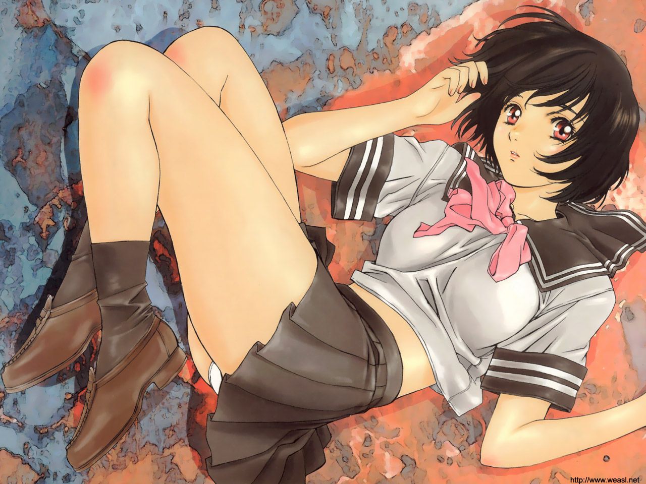 1girl, black_hair, hiyoko_voice, kobayashi_hiyoko, laying_down, loafers, looking_at_viewer, pantyshot_(lying), pink_ribbon, red_eyes, ribbon, rusted_iron, school_uniform, short_hair, tagme