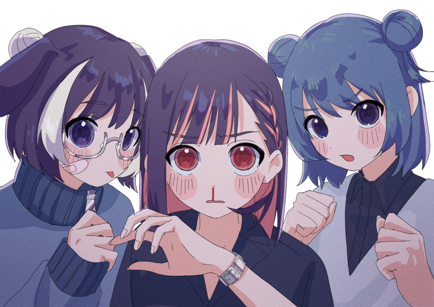 3girls, animal_ears, bandaid, bandaid_on_cheek, bandaid_on_face, blood, blue_eyes, blue_hair