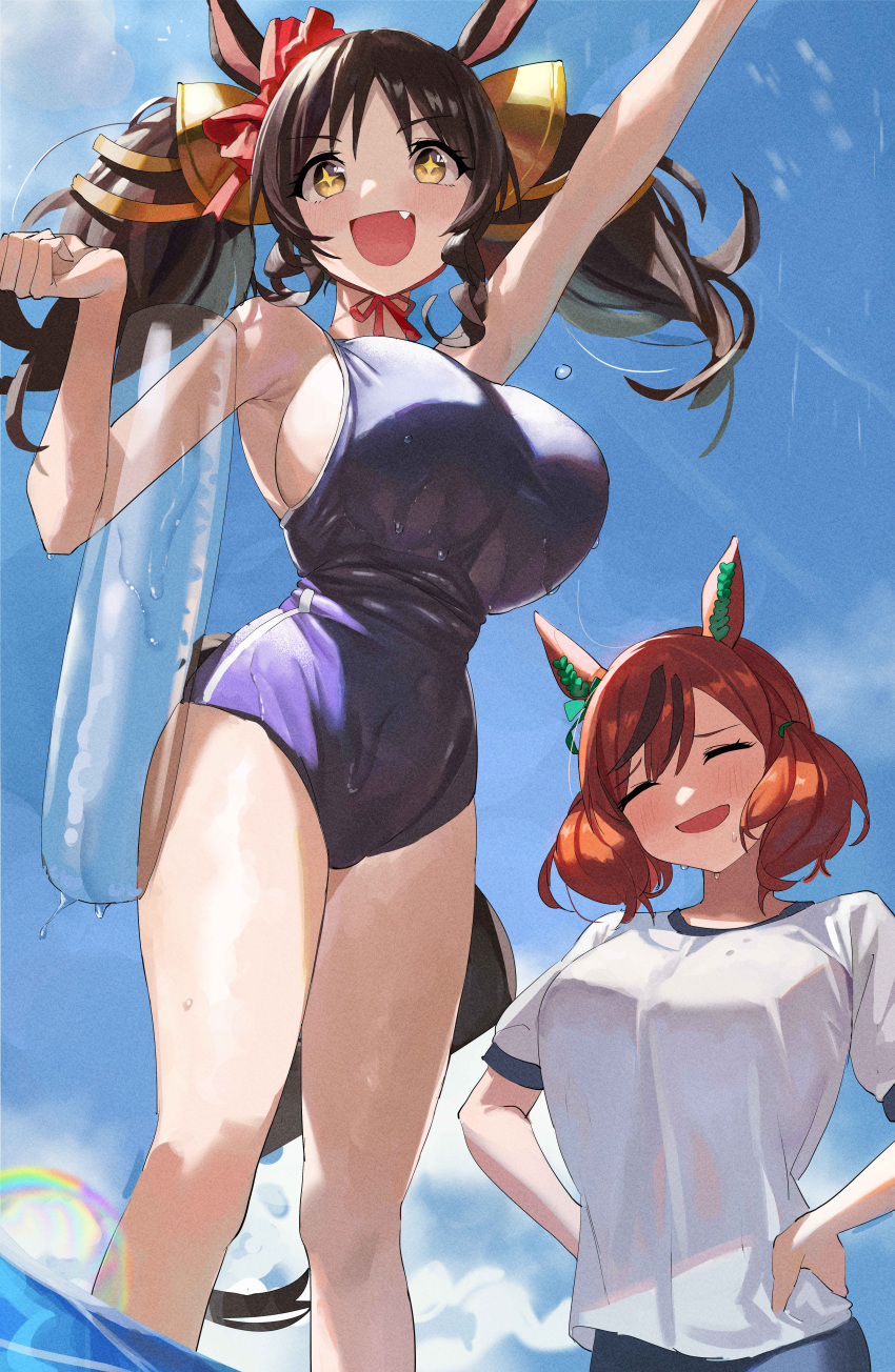 2girls, absurdres, animal_ears, bare_arms, bare_legs, bare_shoulders, black_hair, black_swimsuit