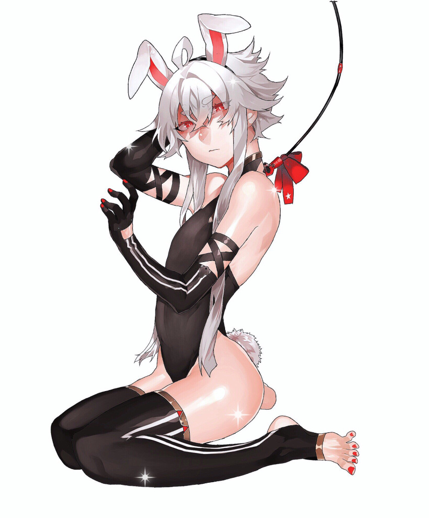 1boy, ahoge, animal_ears, arm_up, bare_shoulders, black_gloves, black_hairband, black_leotard, bow, bright_pupils, check_copyright, closed_mouth, copyright_request, covered_navel, elbow_gloves, eyebrows_visible_through_hair, eyes_visible_through_hair, fake_animal_ears, fake_tail, fingernails, gloves, hair_between_eyes, hairband, highres, leash, leotard, long_hair, male_focus, nails_visible_through_gloves, original, rabbit_ears, rabbit_tail, red_bow, red_eyes, red_nails, shiny, shiny_skin, simple_background, sitting, skindentation, solo, star_(symbol), star_print, tail, toenails, turtle, wariza, white_hair, white_pupils, xxlucifer13xx
