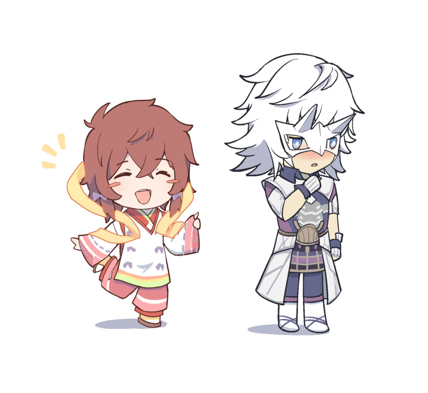 1boy, 1girl, :d, blush_stickers, brown_hair, chibi, closed_eyes, cosplay, fan_la_norne, fan_la_norne_(cosplay), full_body, hagoromo, hair_between_eyes, highres, jin_(xenoblade), kaguyamaou, shawl, simple_background, smile, standing, white_background, white_hair, xenoblade_chronicles_(series), xenoblade_chronicles_2, xenoblade_chronicles_2:_torna_-_the_golden_country