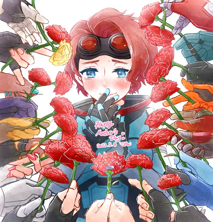 1girl, \m/, apex_legends, ash_(titanfall_2), azi_(azisoba), bangalore_(apex_legends), bloodhound_(apex_legends), blue_gloves