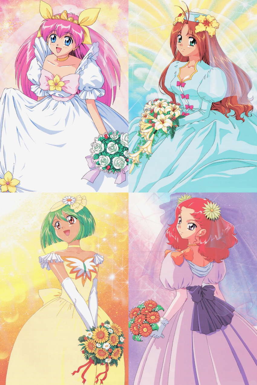 1990s_(style), 4girls, ai_tenshi_densetsu_wedding_peach, angel_daisy, angel_lily, angel_salvia, aqua_eyes, back_bow