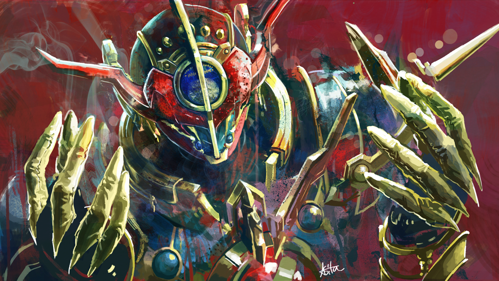 1boy, alien, armor, ashita_(llasitall), blue_armor, close-up, commentary, evolto