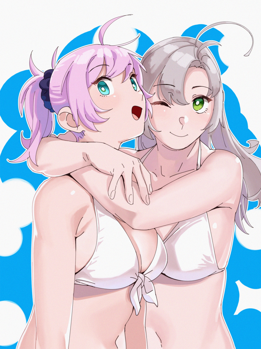 2girls, absurdres, antenna_hair, aoba_(kancolle), aqua_eyes, bangs, bikini, blush