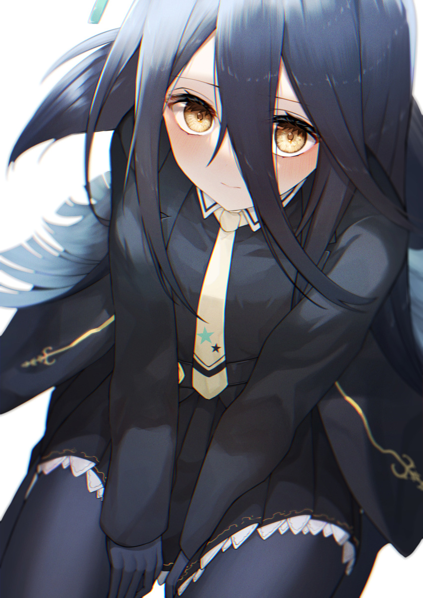 1girl, absurdres, bangs, between_legs, black_hair, black_jacket, black_legwear, black_shirt