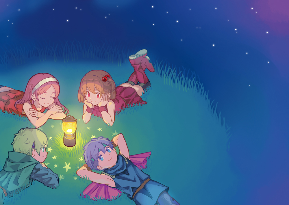 2boys, 2girls, aine_(hoshi_wo_miru_hito), bare_shoulders, blue_hair, boots, cape, dress