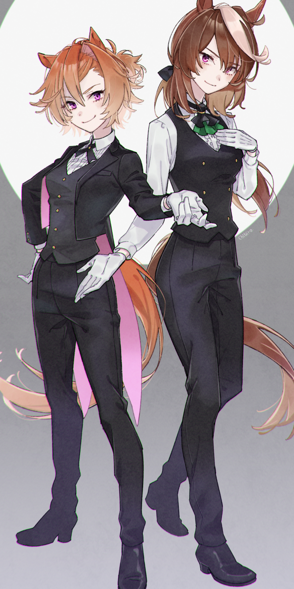 2girls, alternate_costume, animal_ears, artist_name, ascot, bangs, black_footwear, black_jacket, black_pants, black_vest, breasts, brown_hair, closed_mouth, collared_shirt, flats, formal, full_body, futaba_(futaba_uc), gloves, hand_on_hip, hand_on_own_chest, high_heels, highres, horse_ears, horse_girl, horse_tail, jacket, long_hair, long_sleeves, looking_at_viewer, multicolored_hair, multiple_girls, neck_ribbon, outstretched_arm, pant_suit, pants, ribbon, shirt, short_hair, small_breasts, smile, standing, streaked_hair, suit, symboli_rudolf_(umamusume), t.m._opera_o_(umamusume), tail, tailcoat, umamusume, vest, violet_eyes, white_gloves, white_shirt